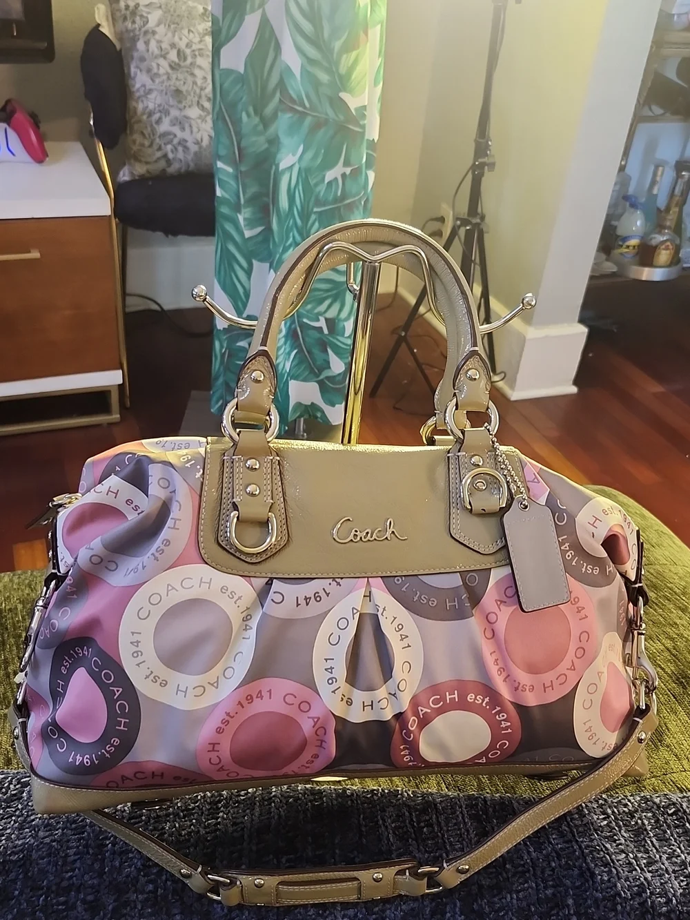 Coach Ashley Snaphead Satchel W/Pink & Olive Circle-Print Satin & Patent Trim - Picture 3 of 16